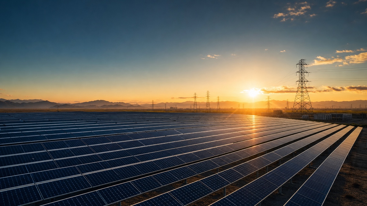 Utility-scale solar field at sunset with transmission infrastructure