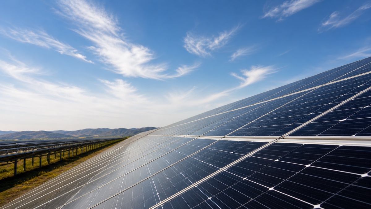 Rows of high-output solar panels in a project field