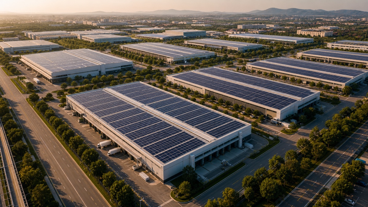 Industrial rooftops with large commercial solar arrays