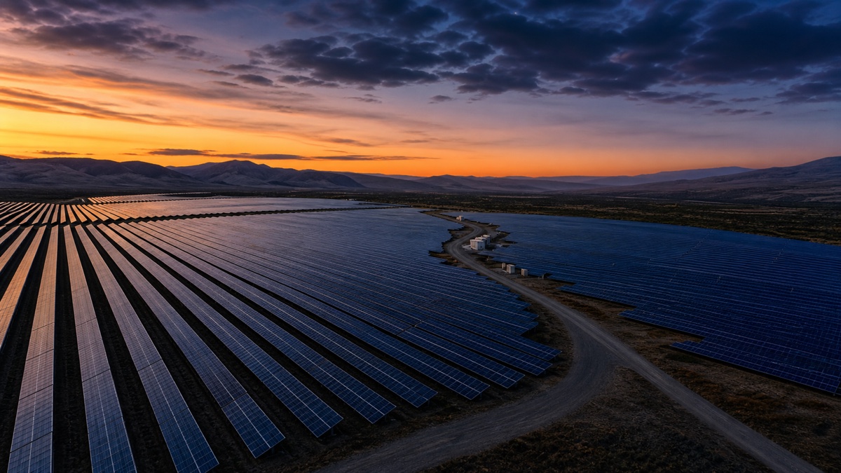 Utility-scale solar rows across a broad project site