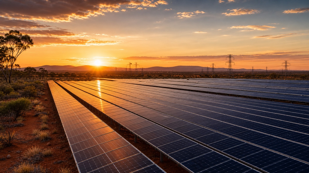 Large solar array at sunset with service access roads
