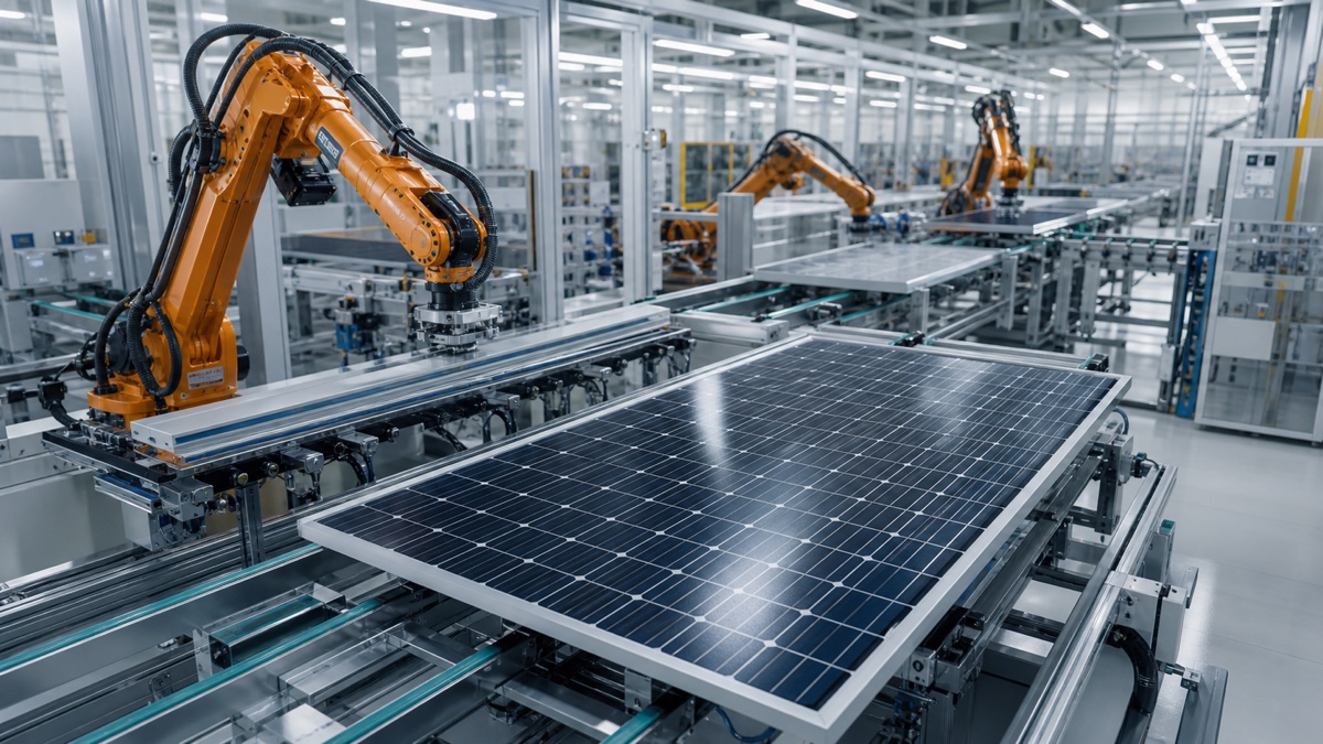 Solar module production line inside an industrial facility