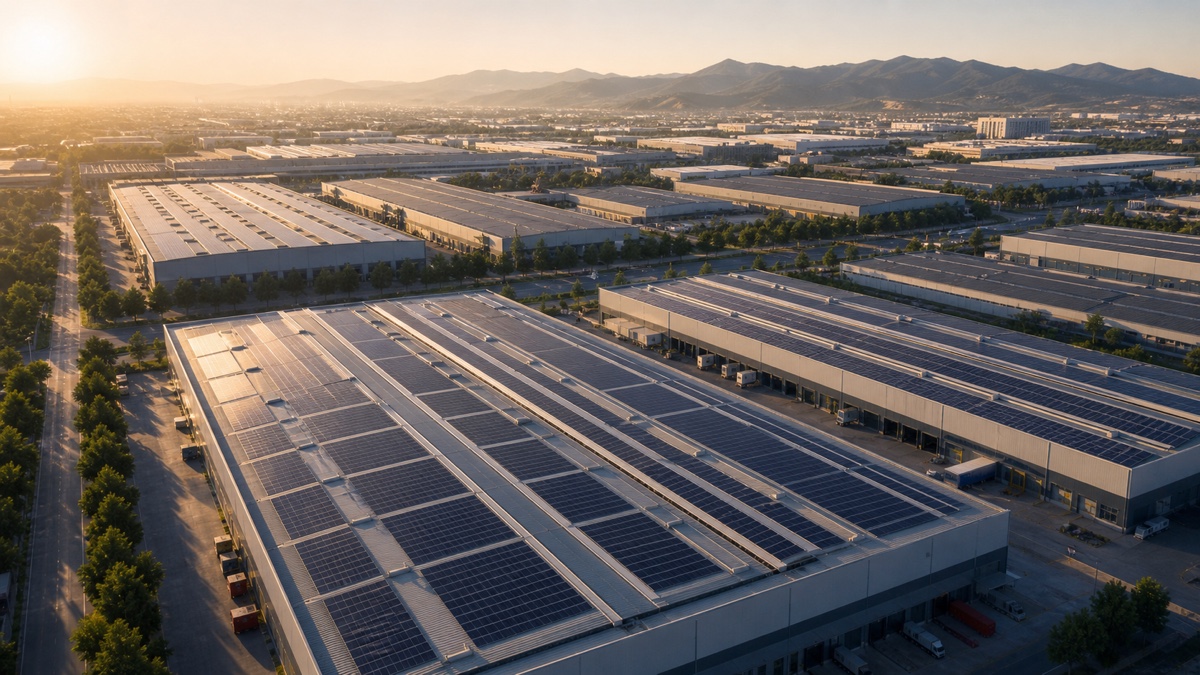 Aerial view of a large industrial rooftop solar field