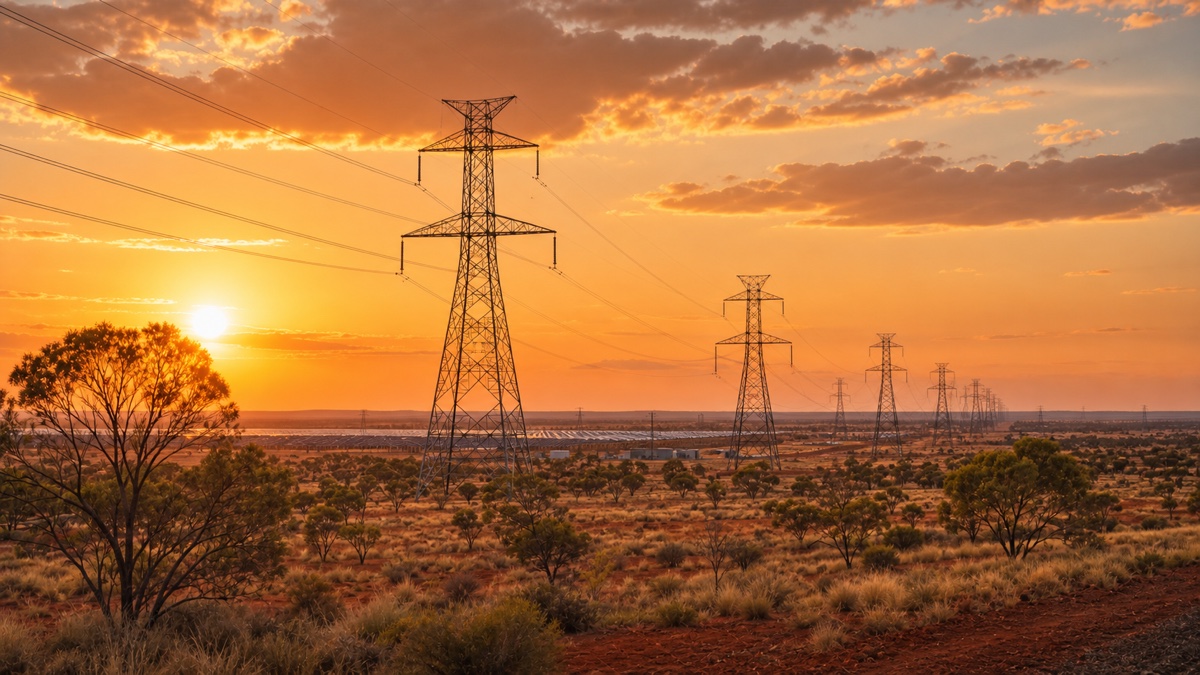 Transmission towers crossing a solar development landscape